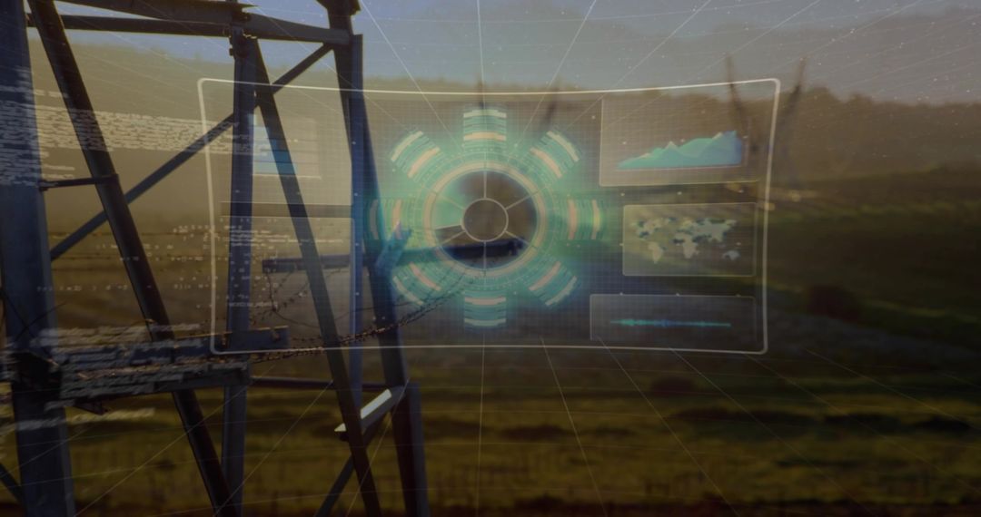 Holographic Operations Dashboard Hovering Over Rural Power Tower at Sunset for Monitoring