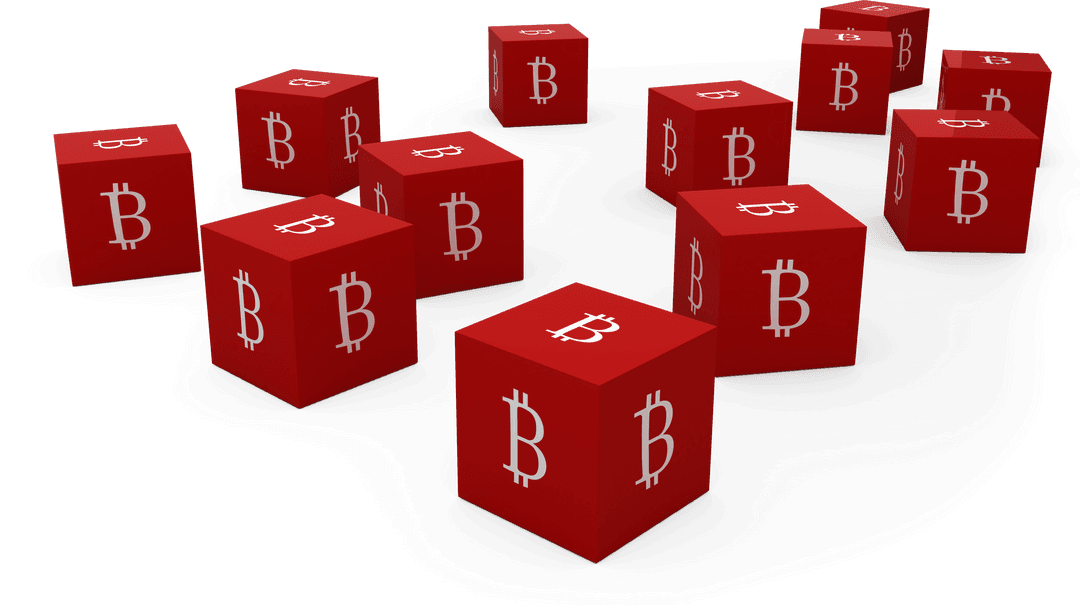Floating Transparent Red Cubes Featuring Bitcoin Symbols