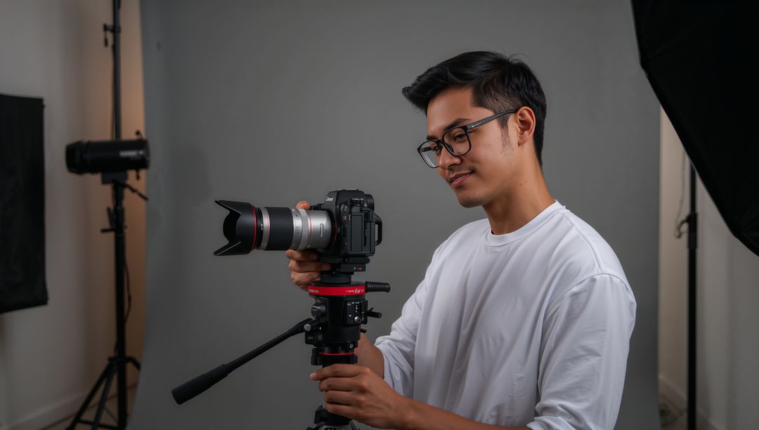 Adjusting DSLR on Tripod by Asian Man Wearing Glasses in Professional Studio Lighting Setup