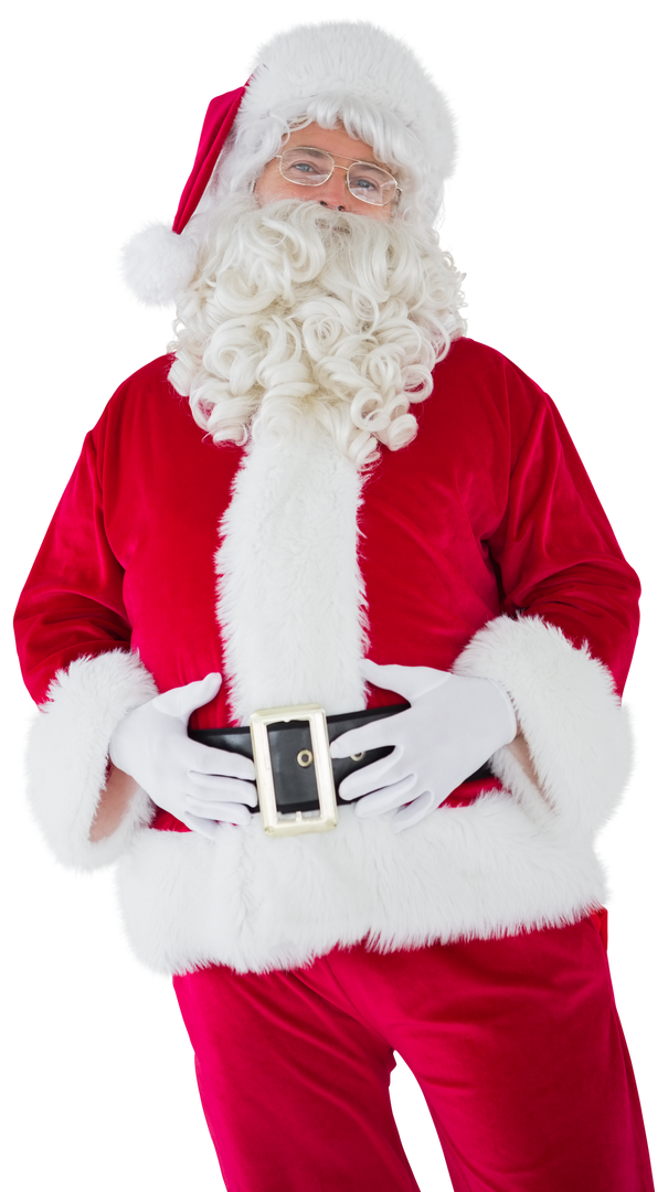 Jolly Santa Claus in Red Suit Holding Belly with Black Belt and White Gloves, Transparent Background - Download Free Stock Images Pikwizard.com