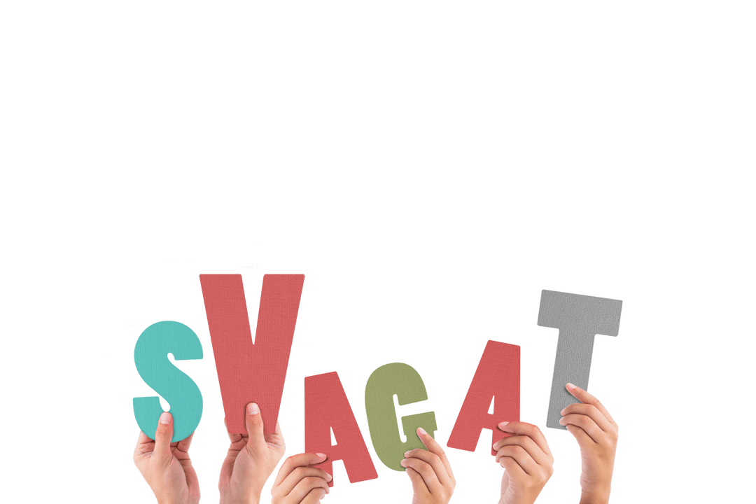 Colorful Hands Holding Welcome Signs on Transparent Background