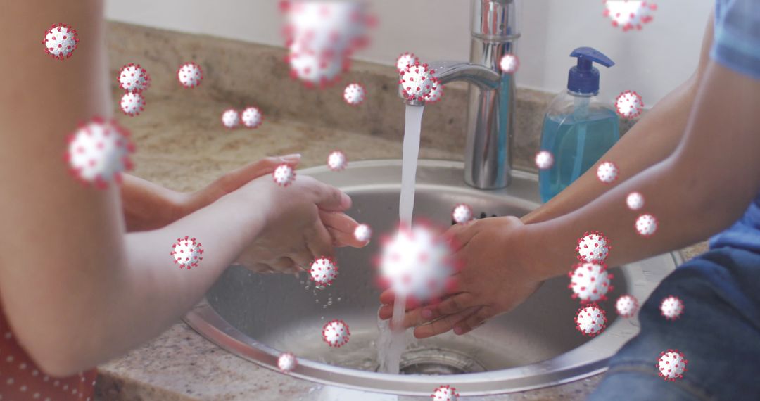 Mother and Son Washing Hands with Virus Overlay during Pandemic