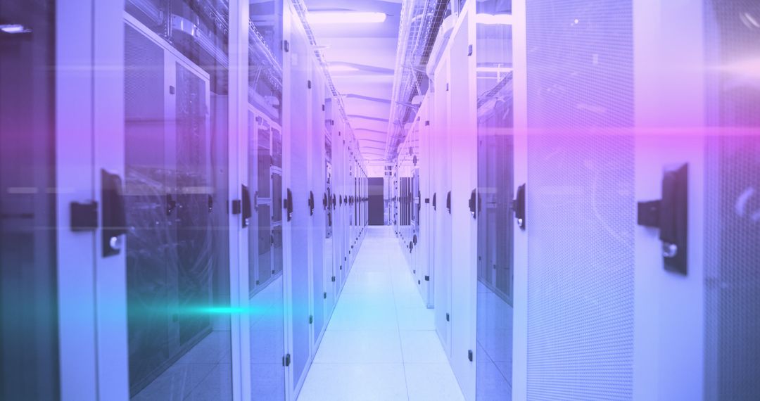 Modern Server Room with Colorful Digital Data Lines