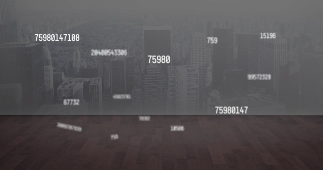 Futuristic city skyline showing numeric HUD overlays reflected on hardwood loft floor