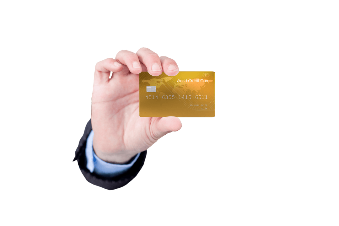 Transparent Hand Holding Gold Bank Credit Card for Finance Concept