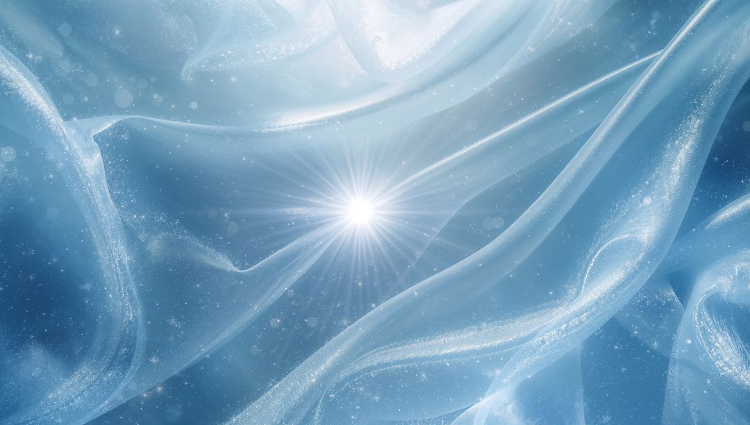 Radiating Starburst Illuminating Translucent Blue Ribbons Over Ethereal Nebula Backdrop