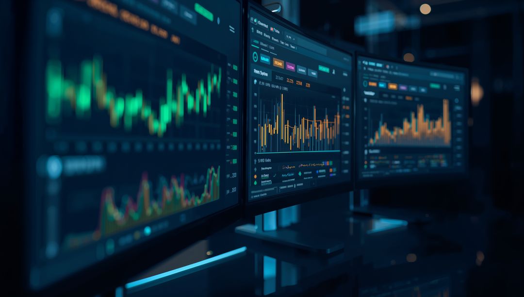 Monitors Displaying Financial Charts in Modern Office Setting