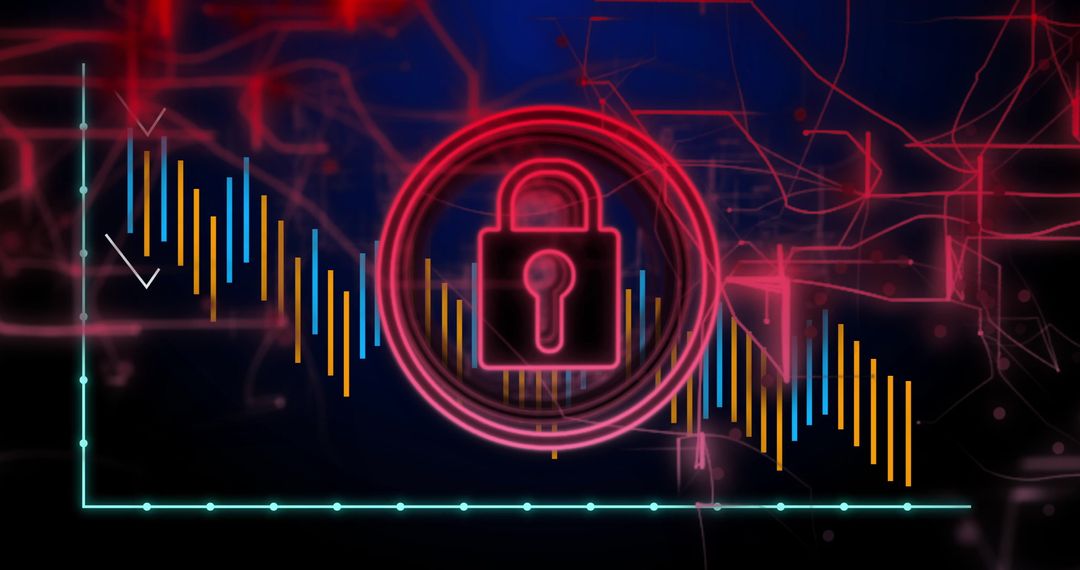 Futuristic Cybersecurity Concept with Neon Lock and Data Visualization