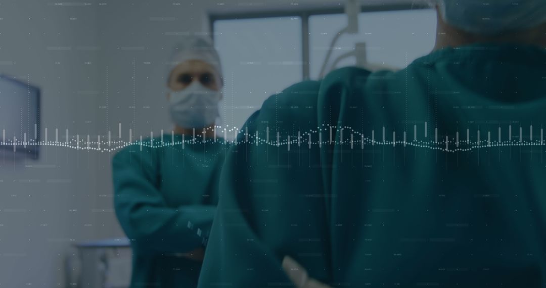 Surgeons in Operating Room with Digital Data Graphics Overlay