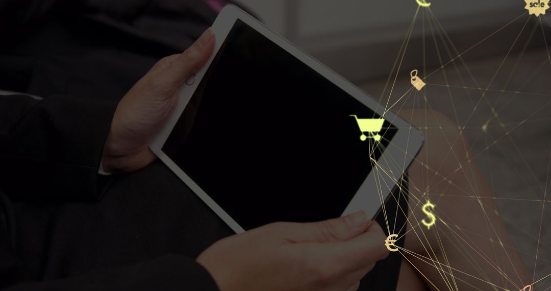 Person Using Tablet with Digital Network Icons Overlay