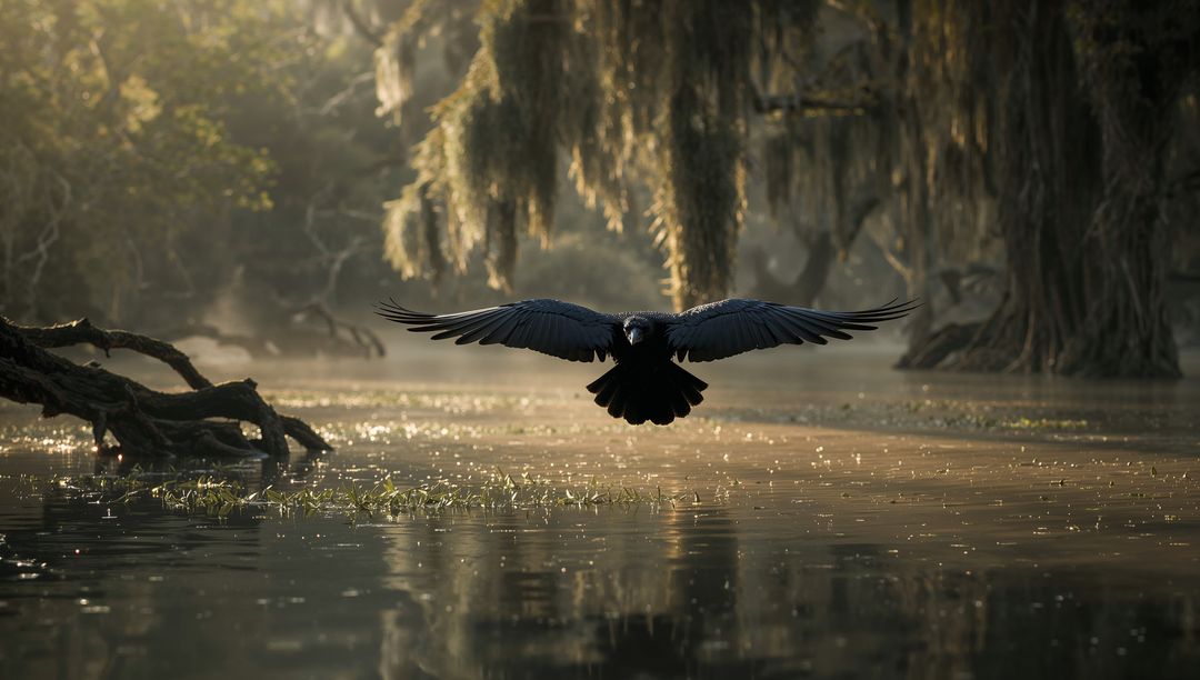 Black Bird Gliding Over Misty Swamp at Dawn