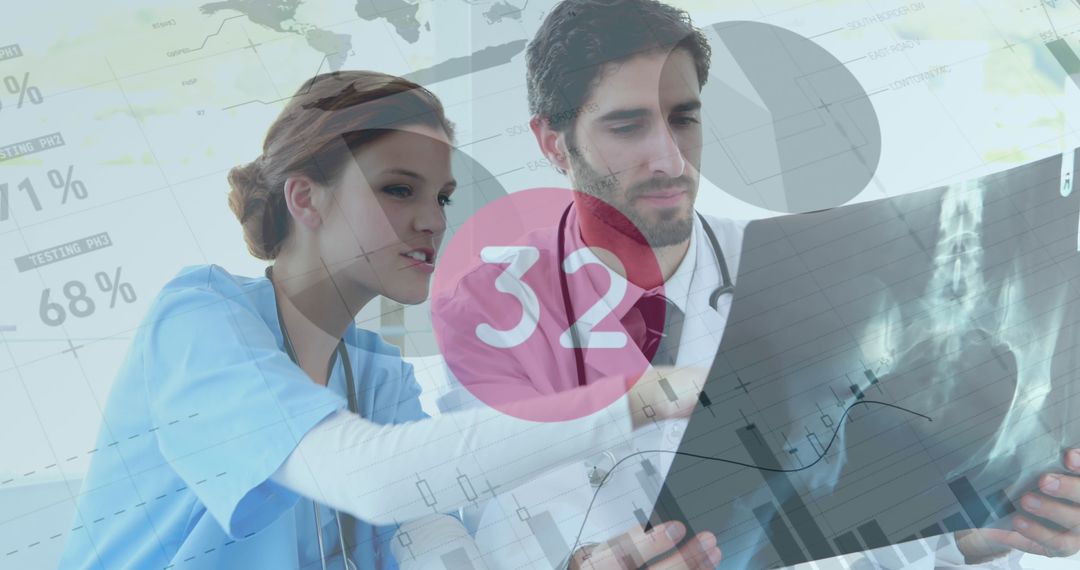 Doctors Analyzing Digital X-ray with Infographic Overlay