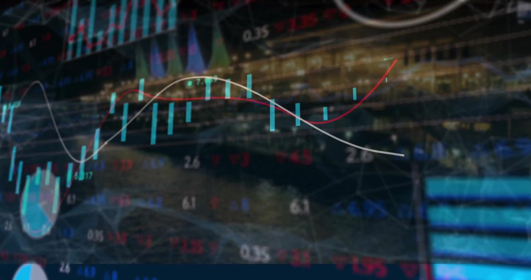 Abstract Financial Graphs Overlaying a Futuristic City Skyline