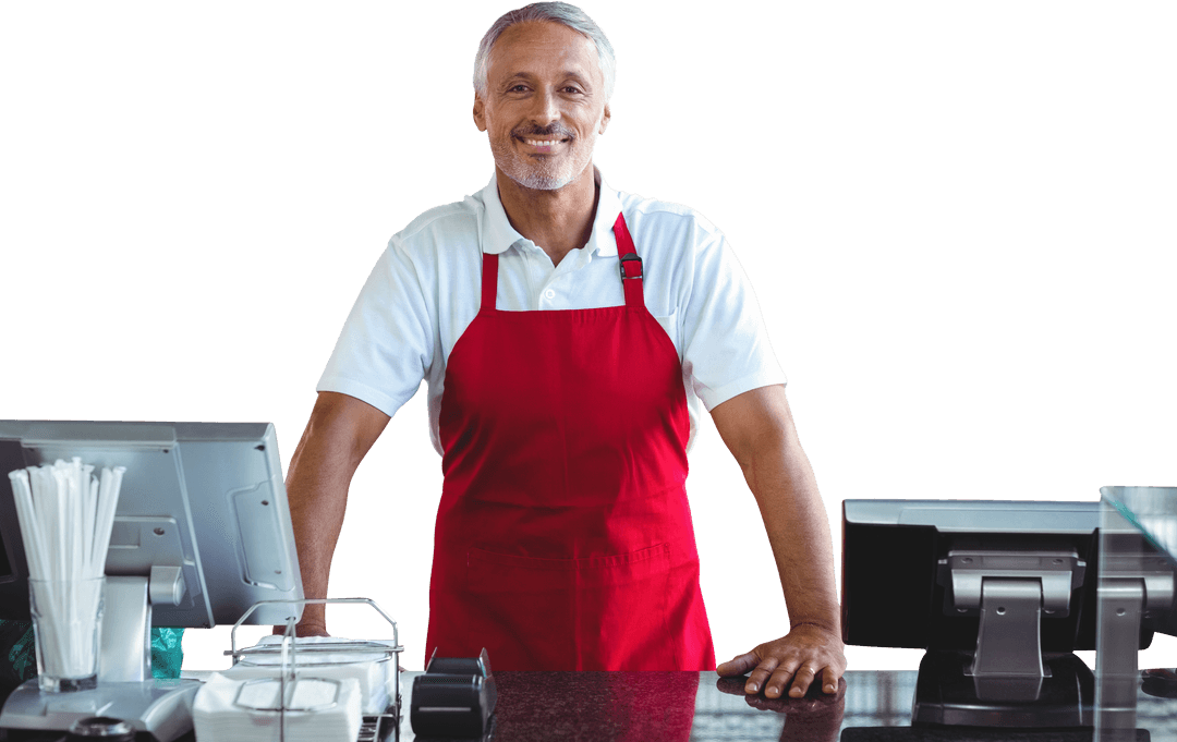 Transparent Senior Shopkeeper Smiling Behind Counter