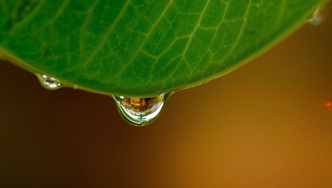 Hanging water droplet on green leaf revealing vein texture and warm bokeh background