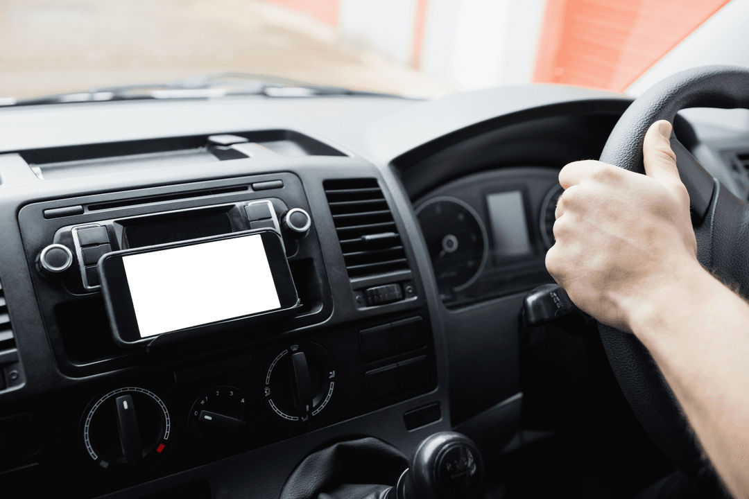 Man Driving Car With Smartphone Mounted on Dashboard, Transparent Screen