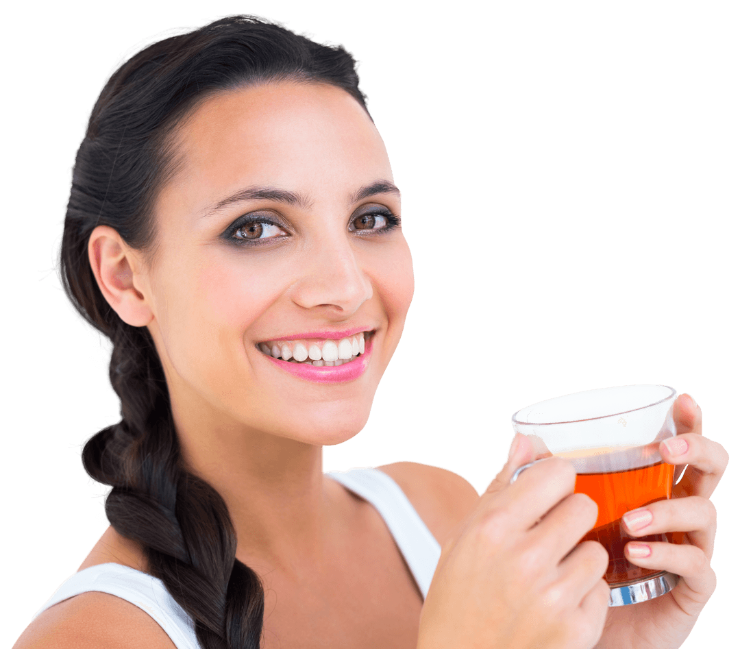 Smiling Brunette Holding Transparent Tea Cup