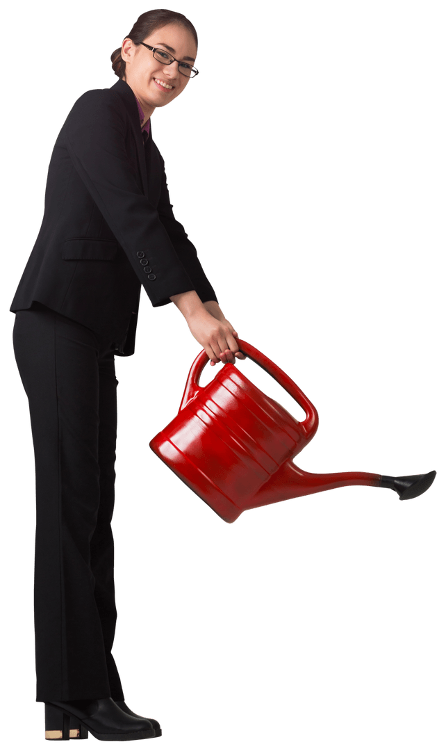 Businesswoman Using Red Watering Can on Transparent Background