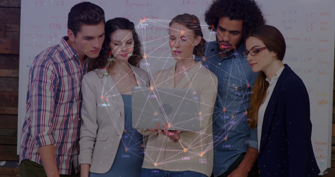 Diverse Team Analyzing Futuristic Data Network Display