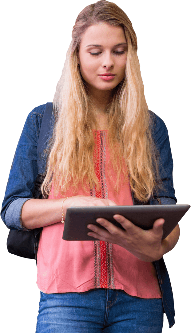 Student Engaging with Tablet in Transparent Library Setting