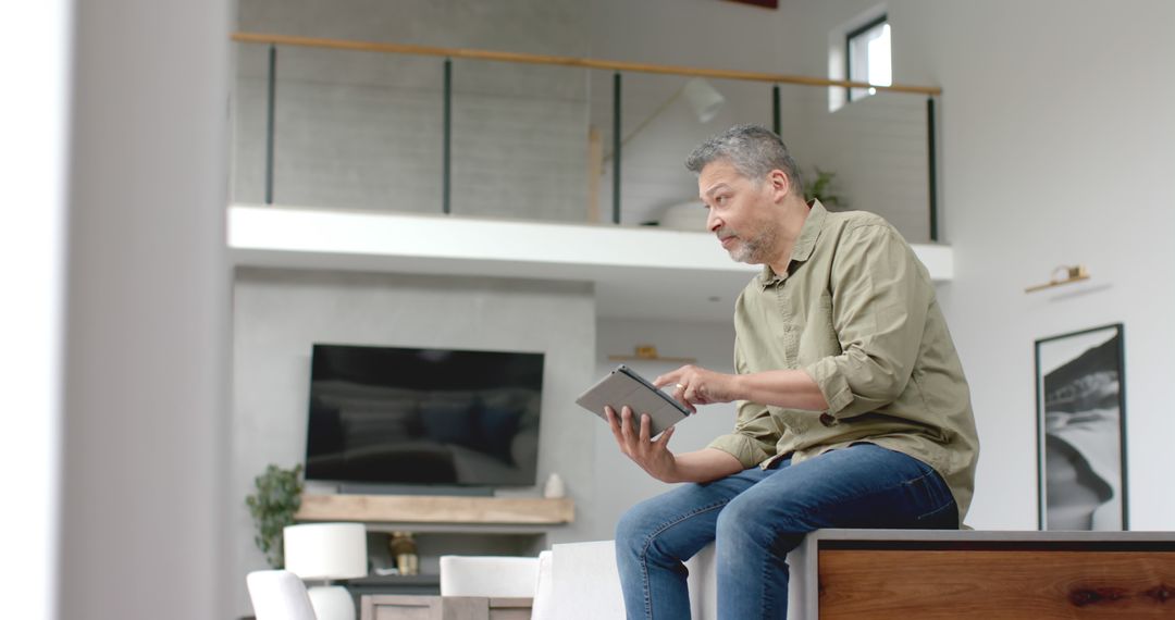 Mature Man Using Digital Tablet in Modern Home Interior - Free Images, Stock Photos and Pictures on Pikwizard.com