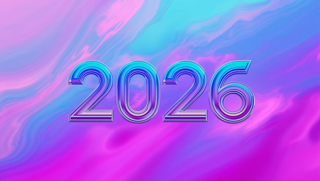 Futuristic glossy 2026 chrome numerals on iridescent marble gradient background