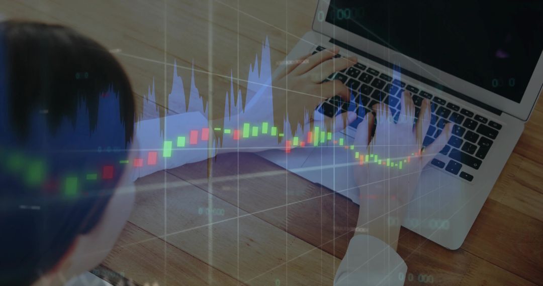 Woman Typing on Laptop with Candlestick Market Chart Overlay for Trading Analysis