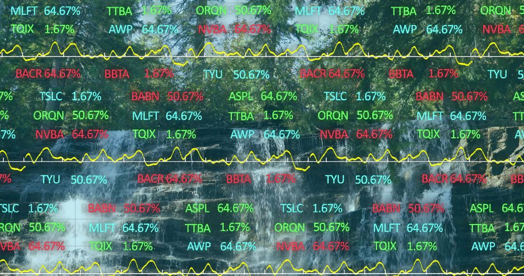 Waterfall with Digital Data Overlay Symbolizing Nature and Technology