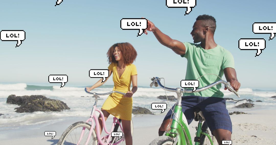 Couple Riding Bicycles on Beach with Digital LOL Speech Bubbles