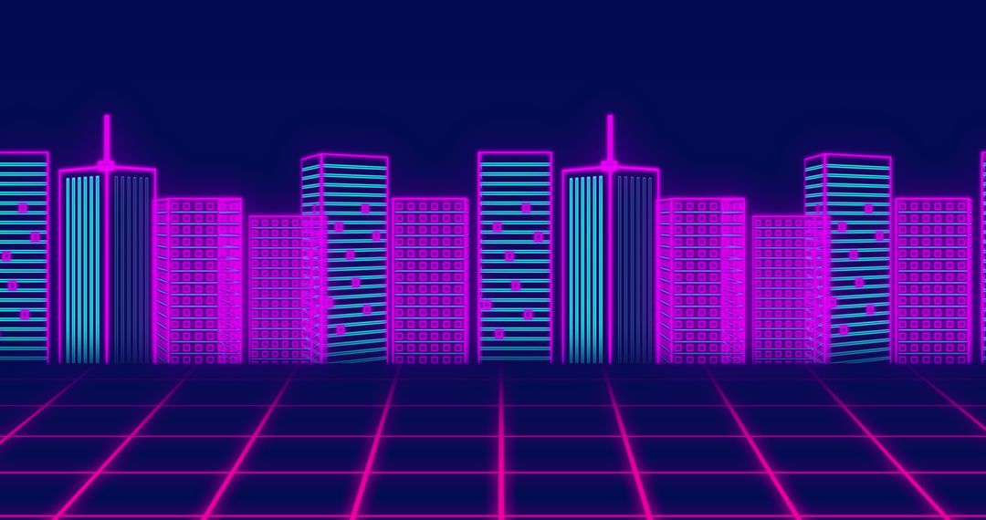 Retro Futuristic Neon Cityscape with Glowing Grid
