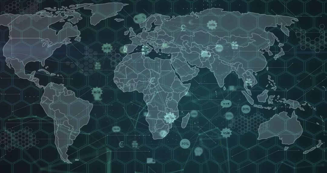 Digital World Map with Data and Communication Icons Overlay