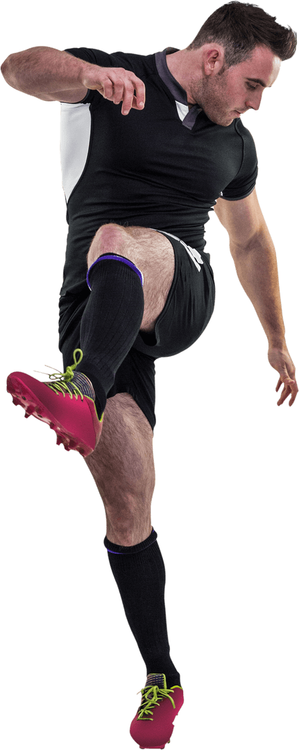 Male Soccer Player Kicking on Transparent Background