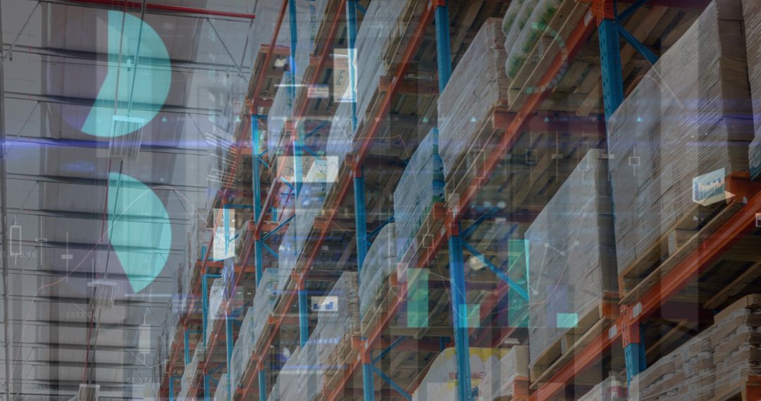 Digital Financial Interface Over Warehouse Racks Highlighting Logistics