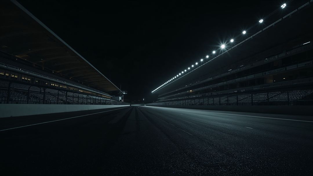 Nighttime Motorsport Pit Lane Under Floodlights
