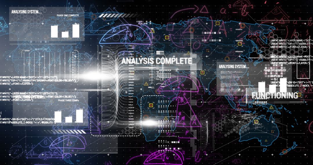 Futuristic Digital Interface with World Map and Data Streams