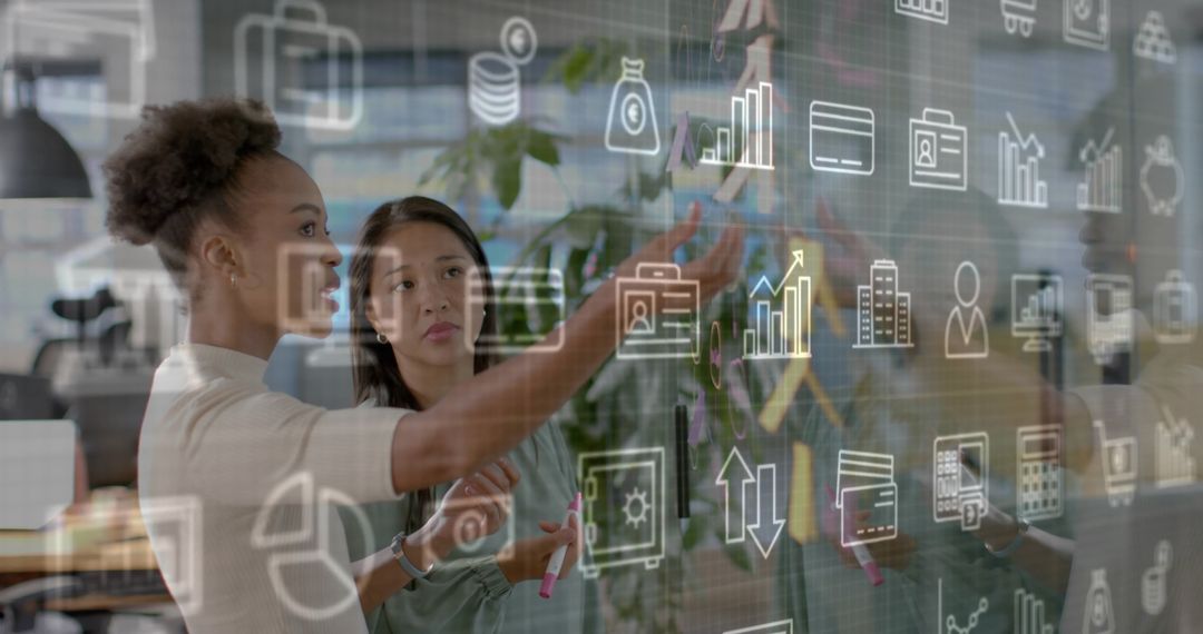 Diverse Colleagues Brainstorming with Digital Interface Overlay