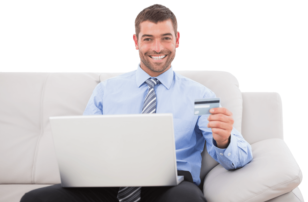 Businessman Smiling Holding Credit Card and Laptop Transparent Background