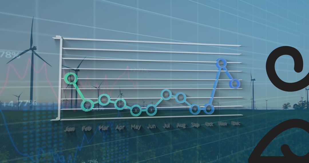 3D Line Chart Overlay on Wind Farm Landscape Displaying Energy Data