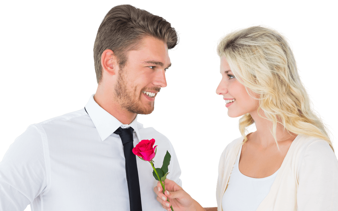 Handsome Man Smiling at Girlfriend Holding Rose Transparent Background