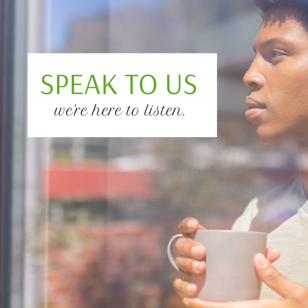 Contemplative Man Holding Mug Promoting Mental Health Awareness