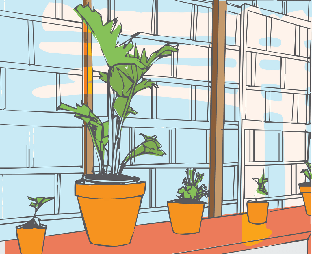 Colorful Transparent Illustration of Potted Plants on Window Sill