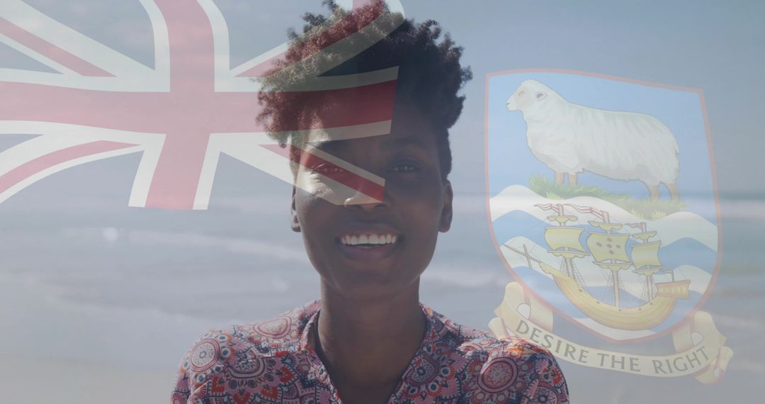 Smiling Woman on Beach with Union Jack and Coat of Arms Overlay