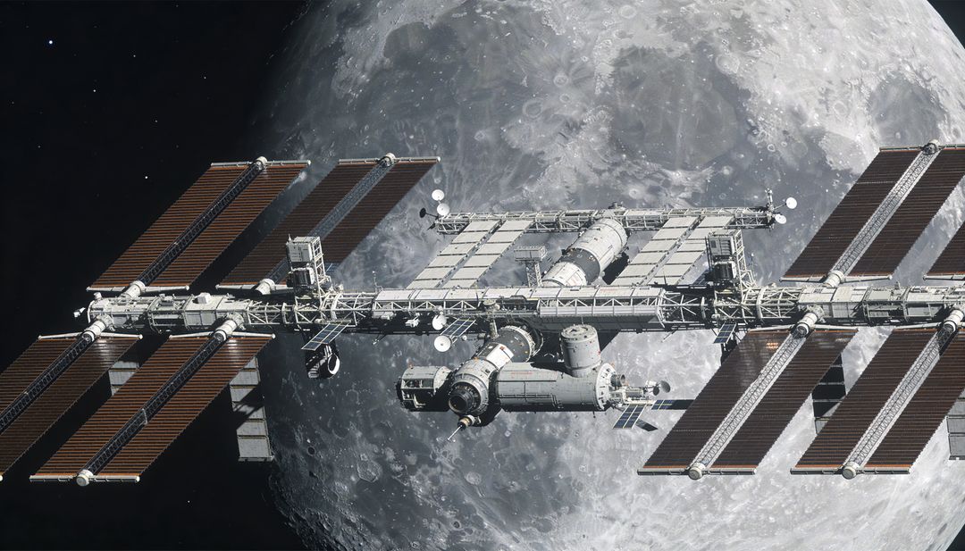 Modular lunar-orbit space station with central truss, docking modules, solar arrays