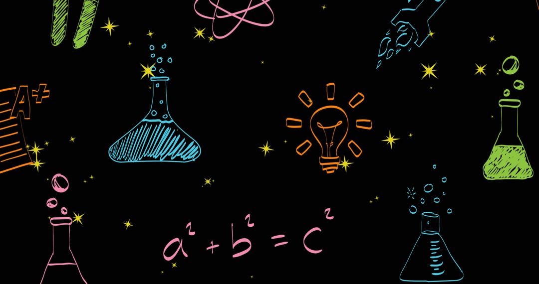 Colorful Science Doodles on Black Space Background