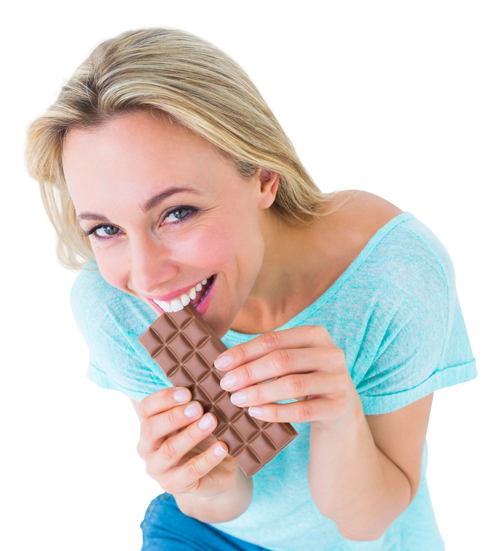 Smiling Blonde Woman Eating Bar of Chocolate Transparent Background - Download Free Stock Images Pikwizard.com