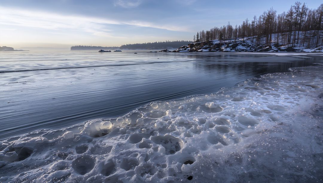 Serene Frozen Shoreline with Calm Winter Bay Reflection