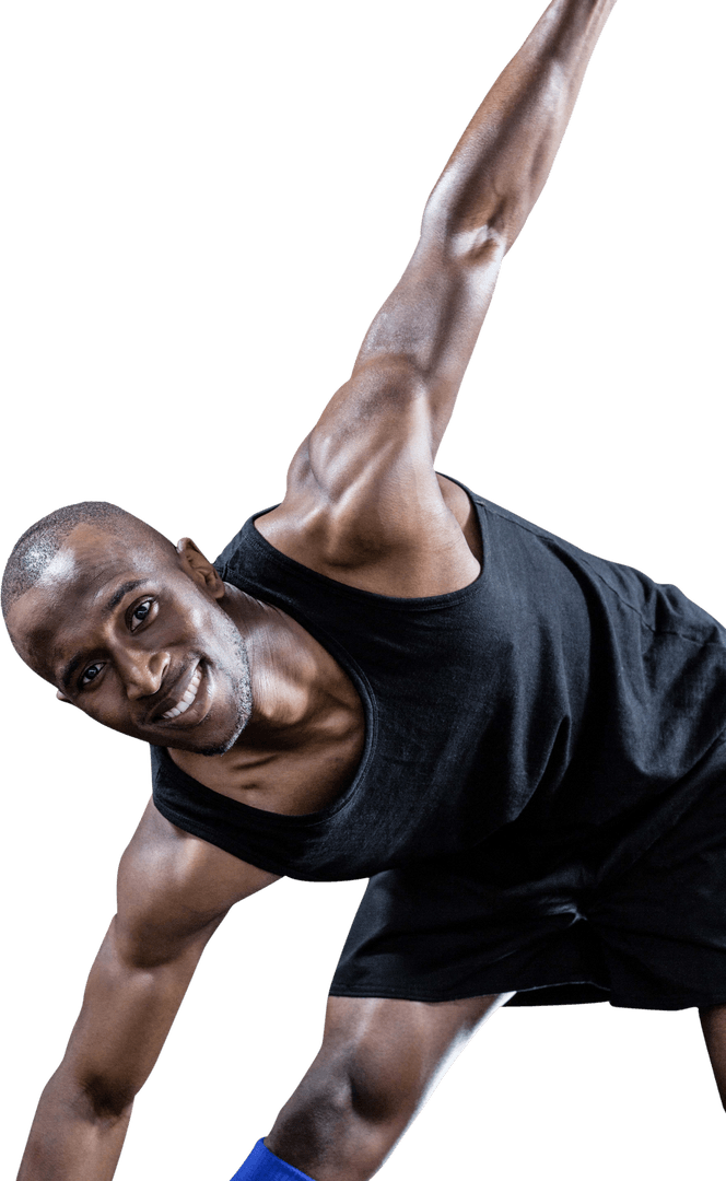 Energetic Man Exercising in Black Sportswear on Transparent Background