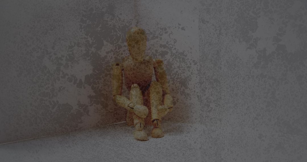 Wooden Figurine Under Stress Against Grunge Backdrop Featuring Scratch Effect