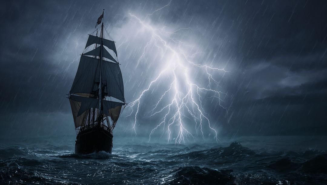 Three-Masted Ship Braving Stormy Seas at Night with Lightning