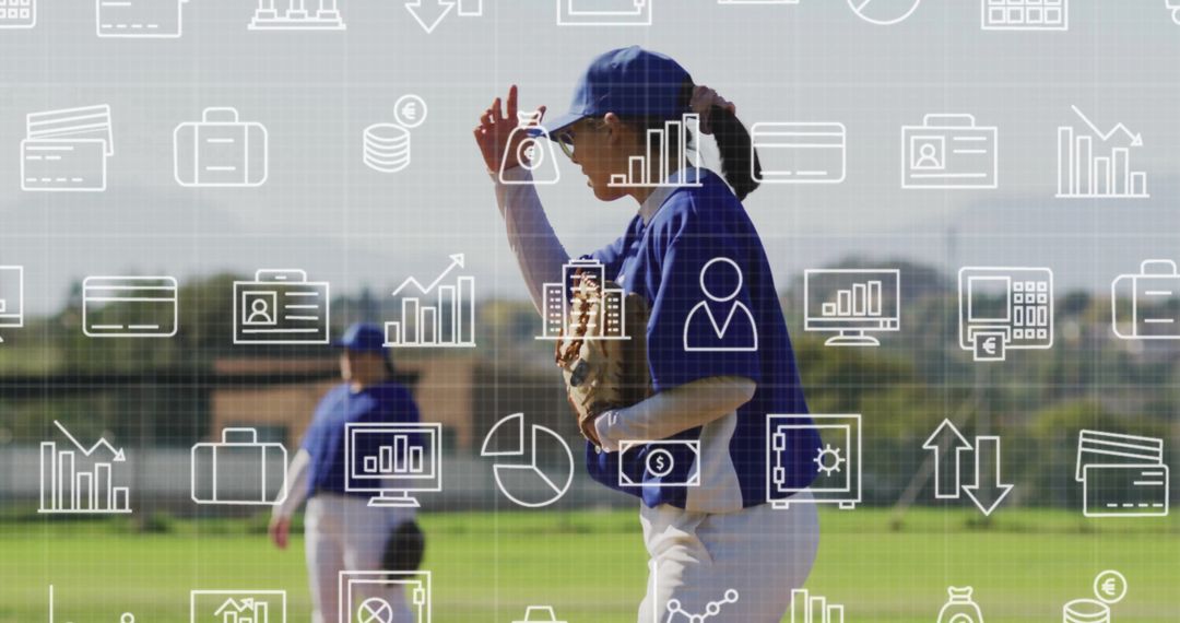 Female Baseball Player on Field with Overlay of Data Icons